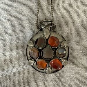 Vintage Perfume Bottle Necklace with Earth Toned Stones